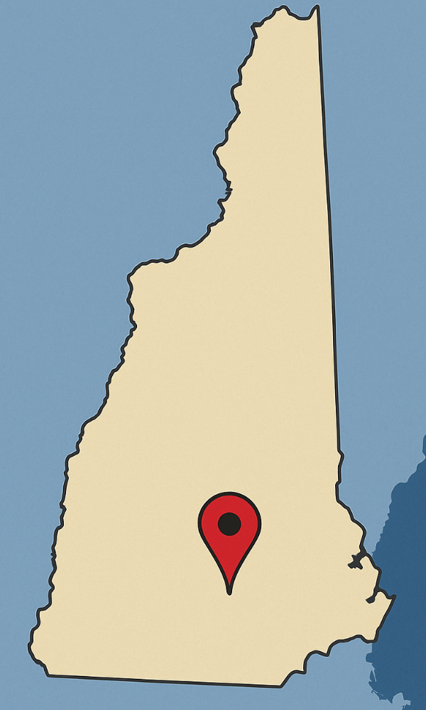 State of New Hampshire with a red pin markiing the spot where Friendly Beaver Campground is lo